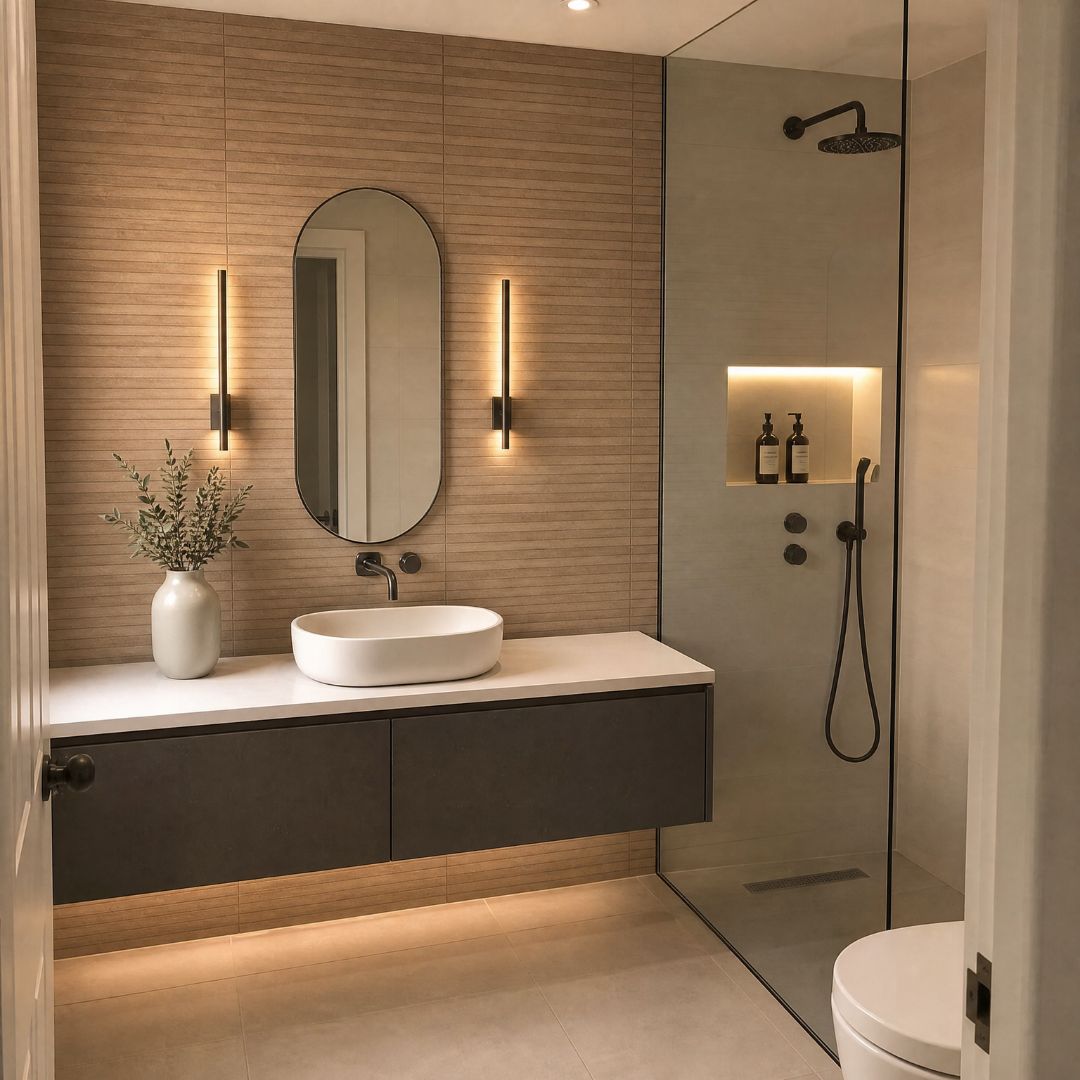Warm neutral bathroom with beige wall tiles, wood-effect feature wall, walk-in shower, floating vanity unit and black brassware