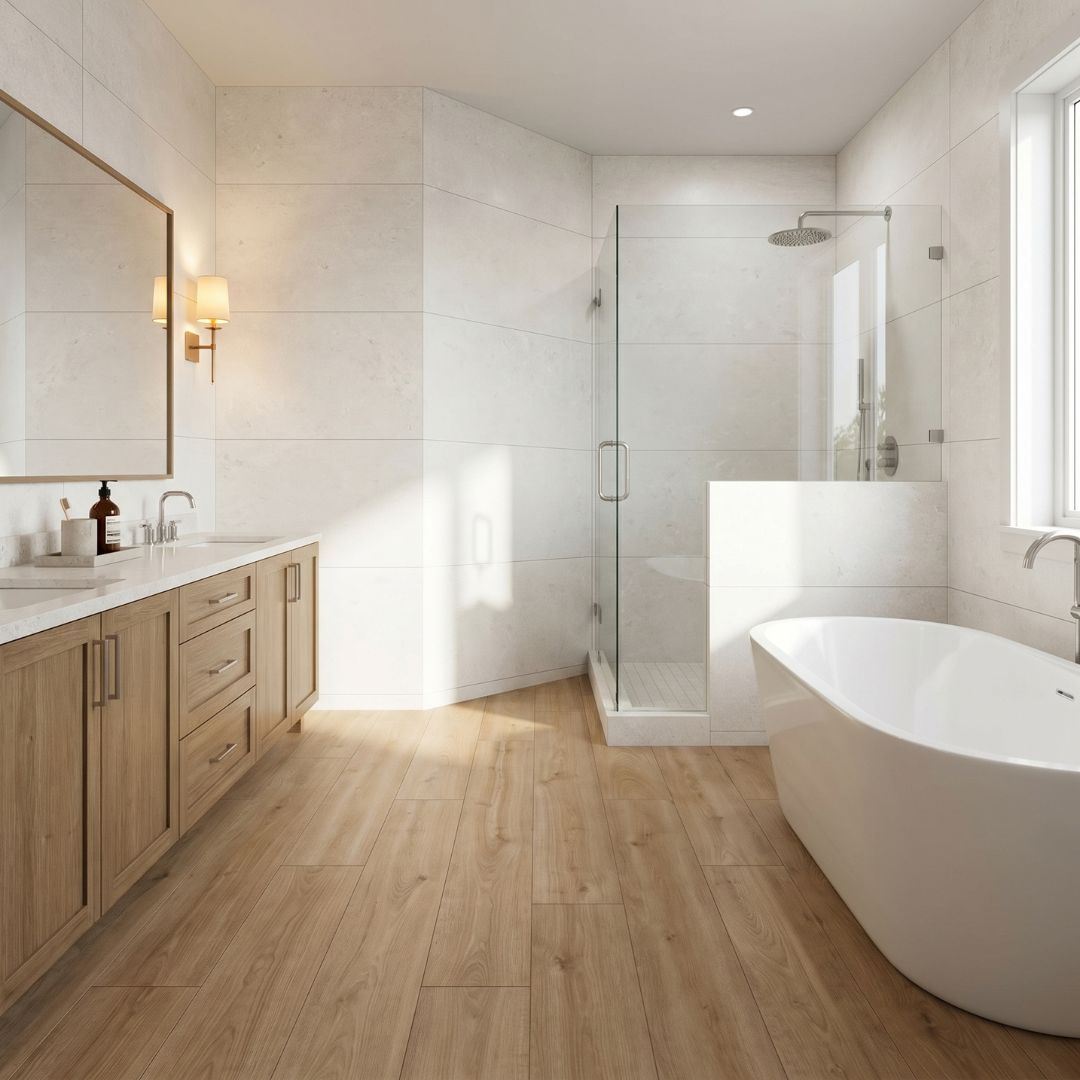 Warm neutral bathroom with large beige wall tiles, wood-effect floor tiles, freestanding bath, walk-in shower and oak vanity unit