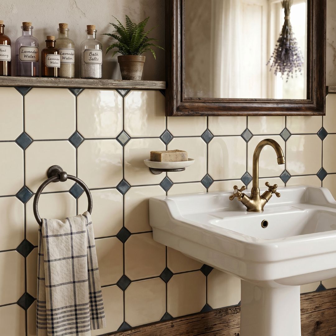 Warm neutral bathroom with cream geometric wall tiles, traditional pedestal sink, brushed brass tap, rustic wood mirror and vintage-inspired décor
