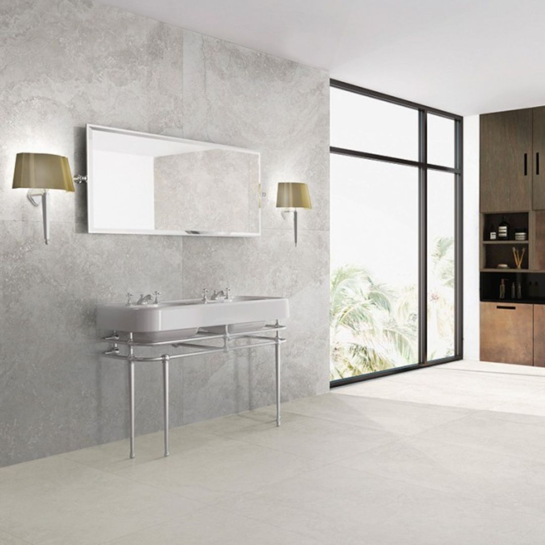 Warm neutral bathroom with grey stone-effect tiles