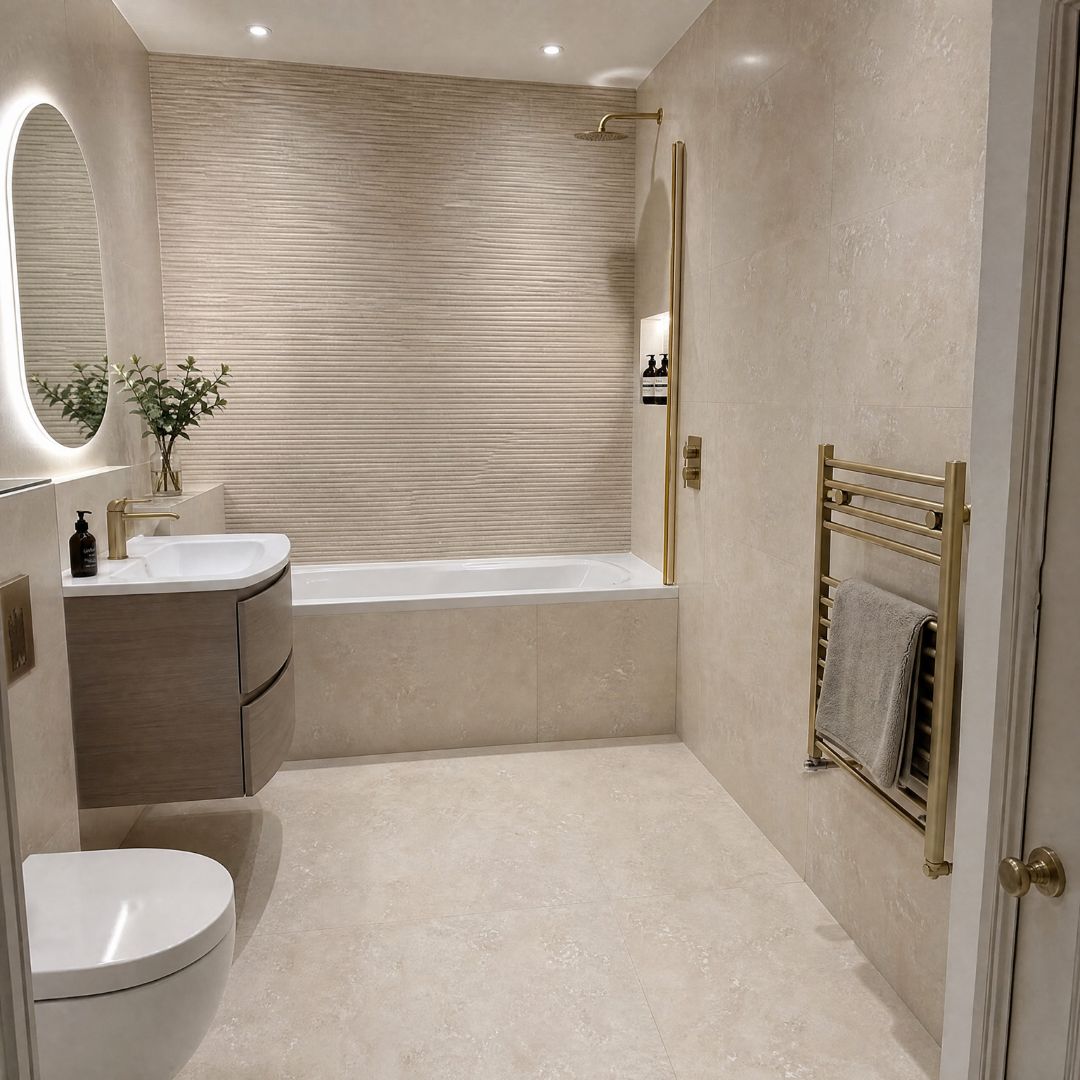 Warm neutral bathroom with beige stone-effect tiles, textured feature wall, bath with shower, brushed brass fittings and floating vanity unit