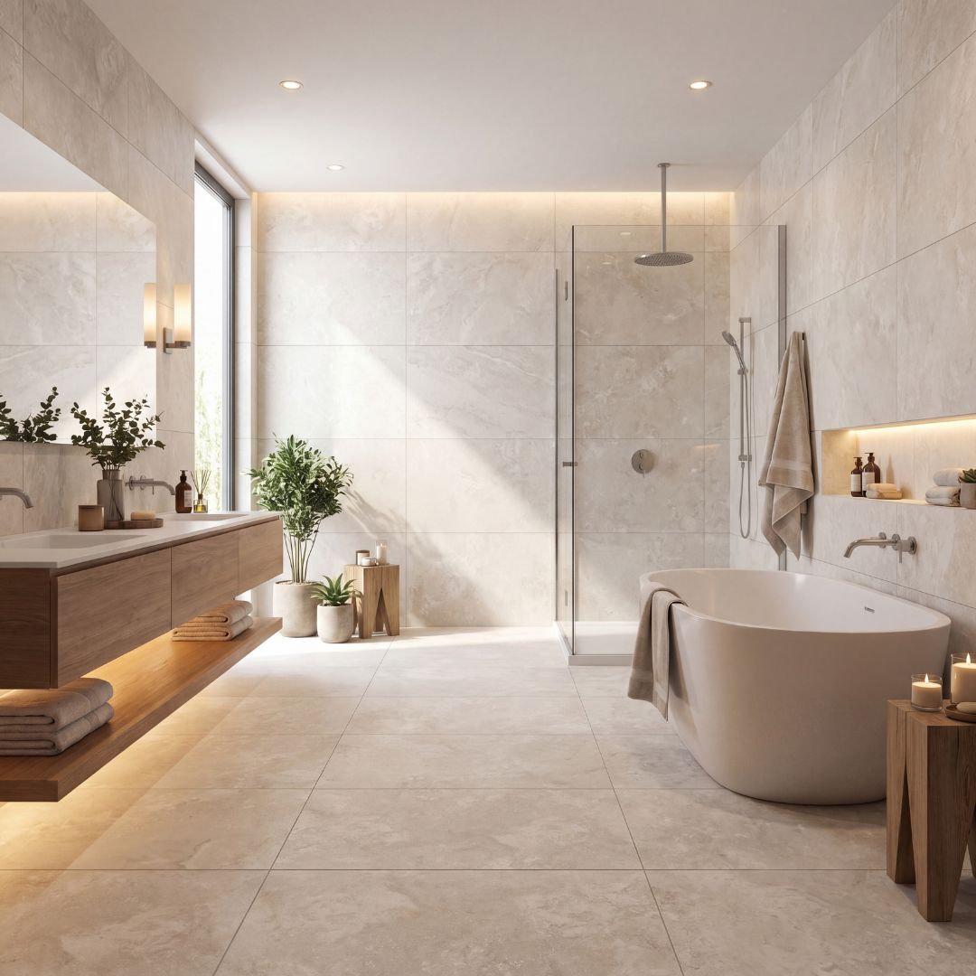 Warm neutral bathroom with large beige stone-effect tiles, freestanding bath, walk-in shower, floating wood vanity and soft ambient lighting