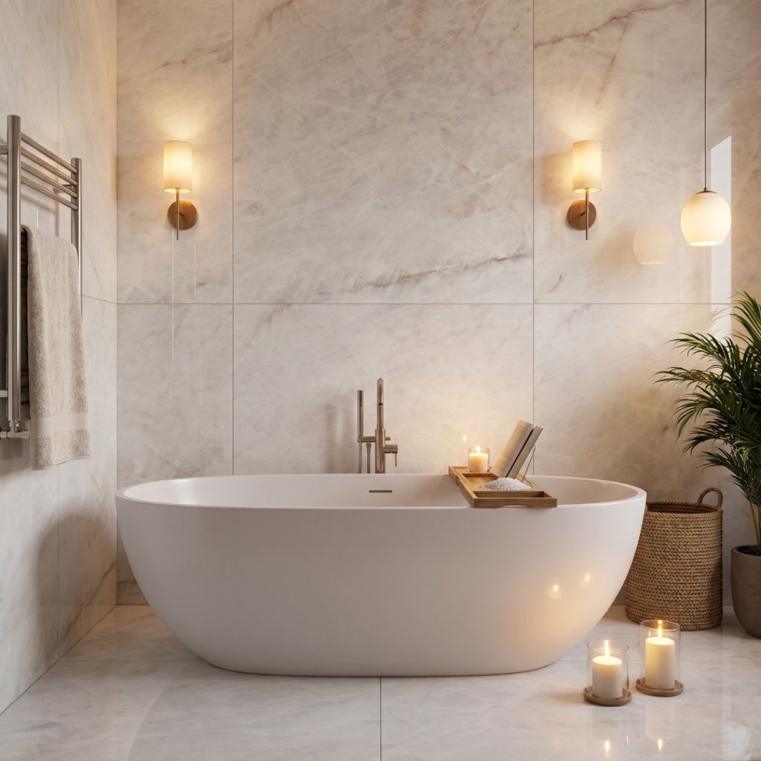 Warm neutral bathroom with marble-effect wall tiles, freestanding bath, soft ambient lighting, wall sconces and spa-inspired décor