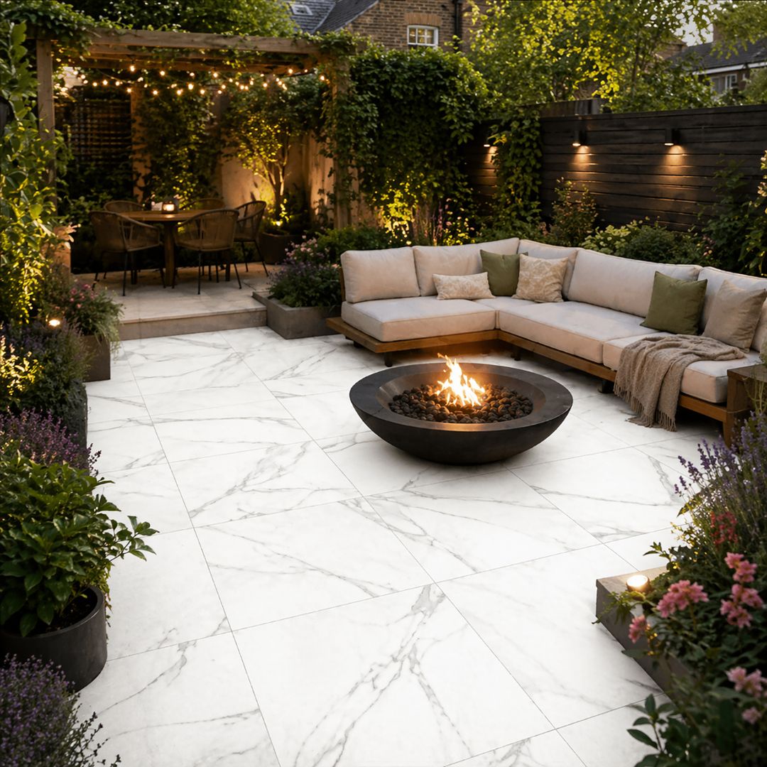 Marble effect porcelain patio tiles for gardens and outdoor spaces – patio design ideas and inspiration