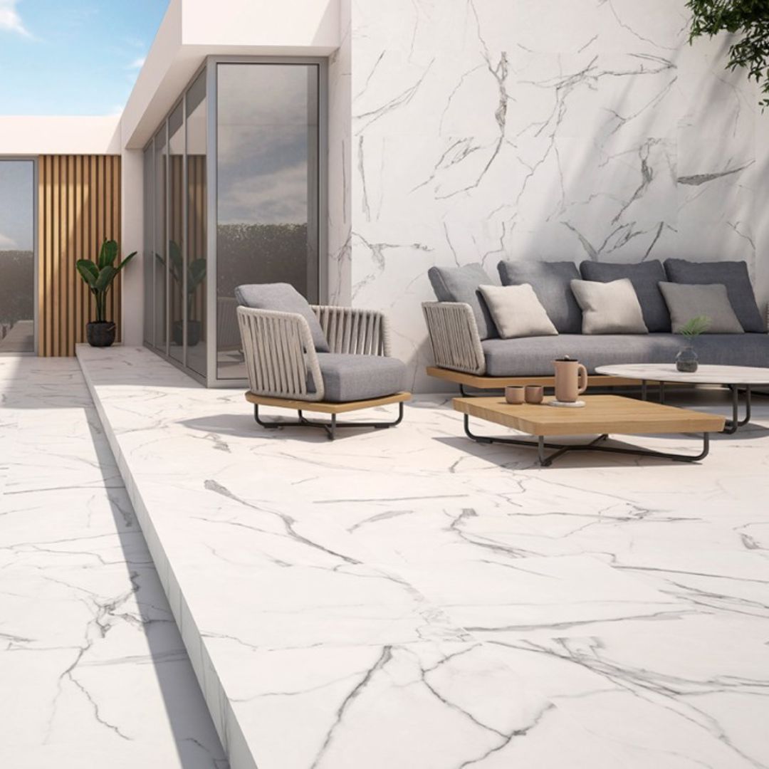 Marble effect porcelain patio tiles for gardens and outdoor spaces – patio design ideas and inspiration 