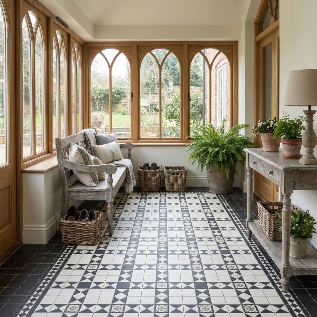 Patterned rustic floor tiles in a country-style entrance hall with traditional black and white geometric design