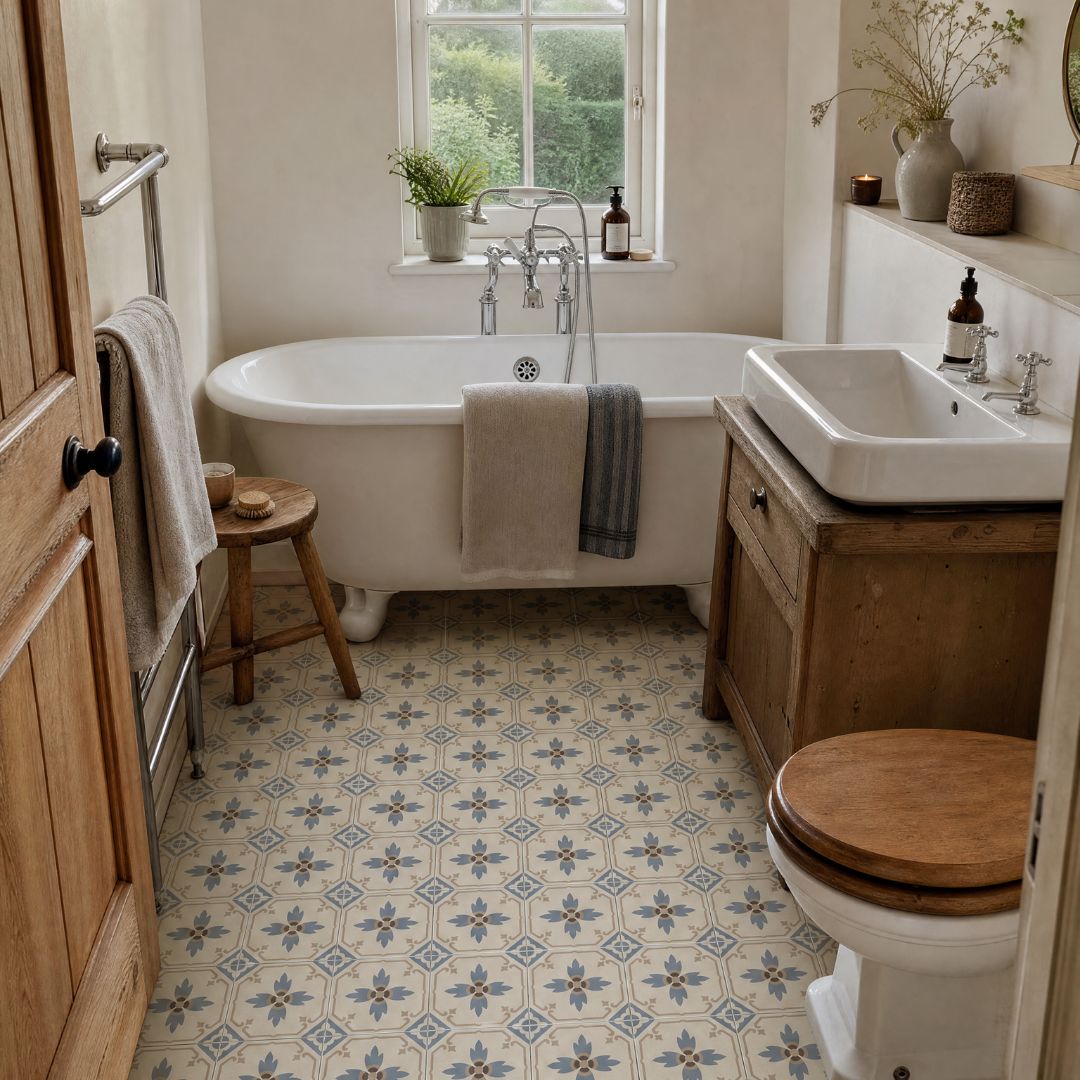 Rustic country bathroom with blue and cream patterned floor tiles and freestanding bath