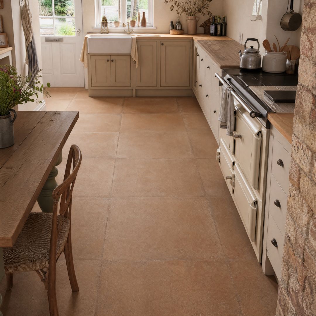 Rustic country kitchen with large terracotta-effect floor tiles, wooden worktops and farmhouse-style cabinets