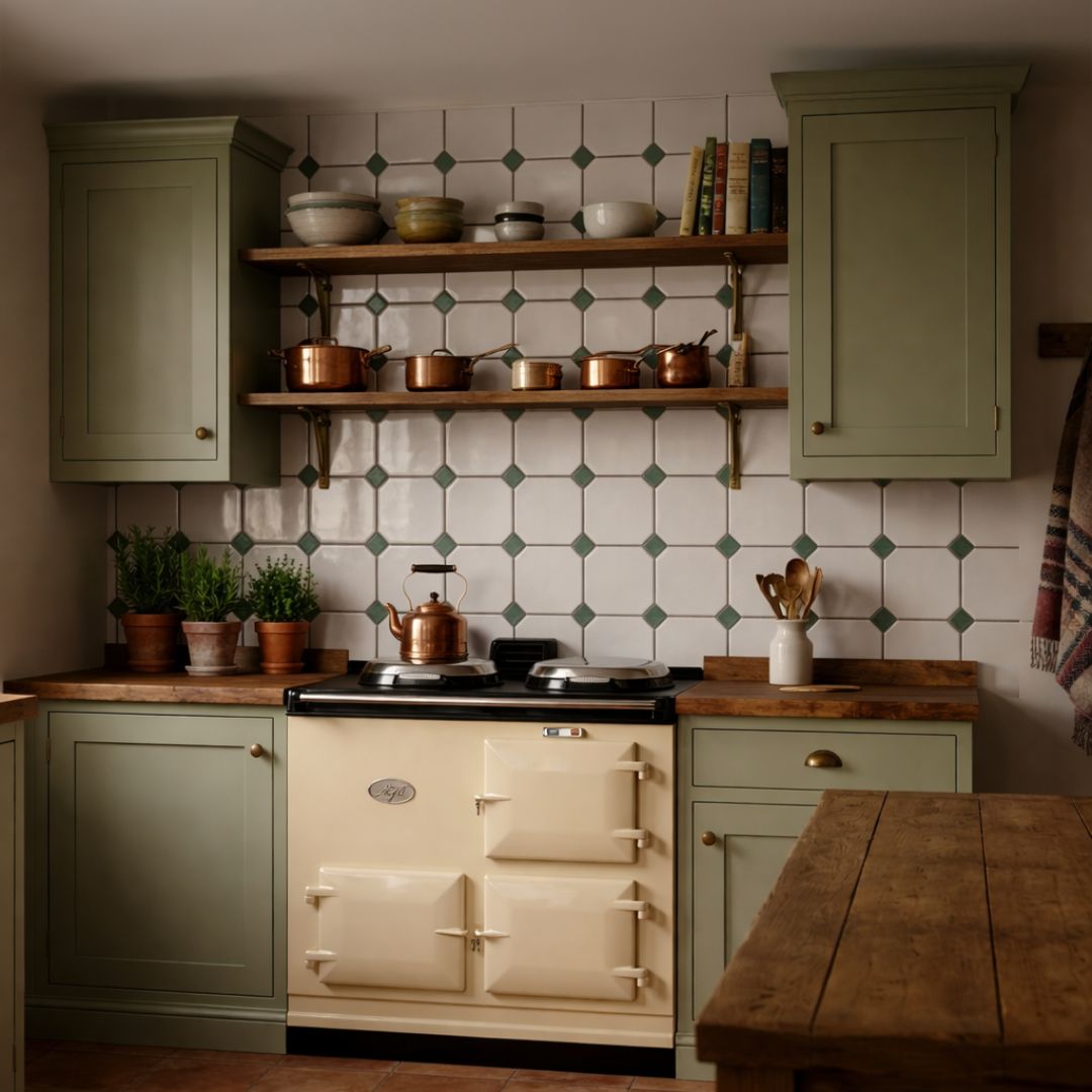 Rustic country kitchen with white and green wall tiles, sage green cabinets and wooden worktops