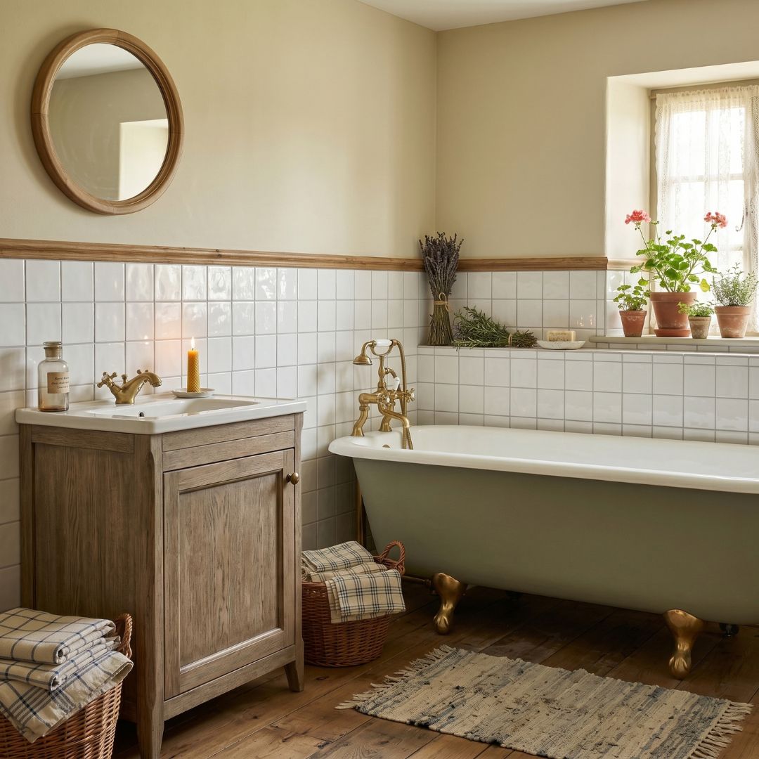 Rustic country-style bathroom with white square wall tiles and traditional freestanding bath