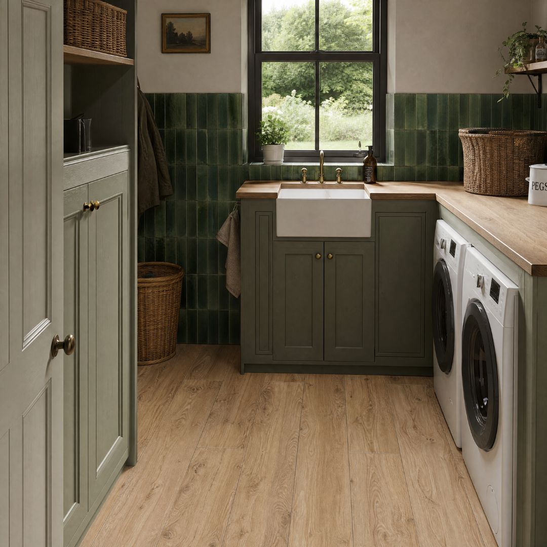 Rustic utility room with dark green wall tiles and wood-effect floor tiles