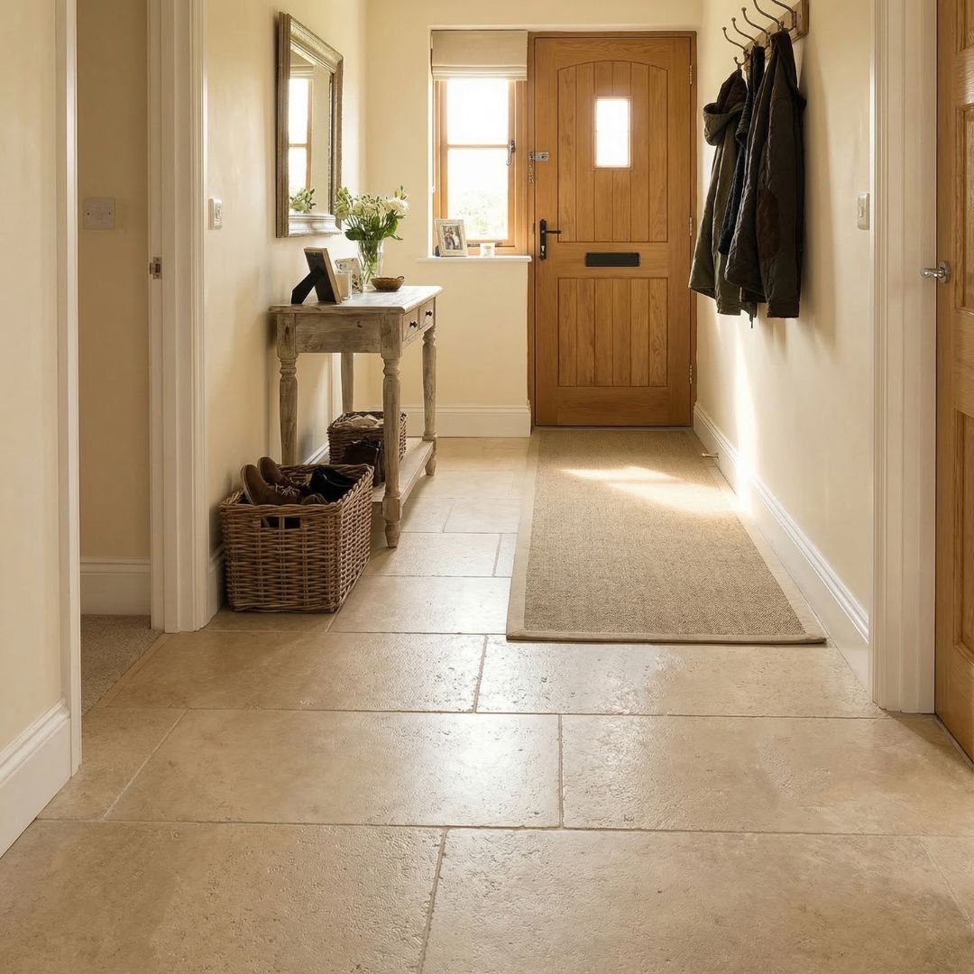 Rustic stone-effect floor tiles in a country-style hallway
