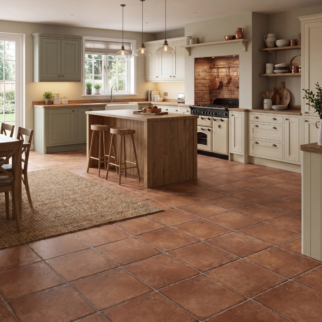 Terracotta-effect farmhouse floor tiles in a country kitchen