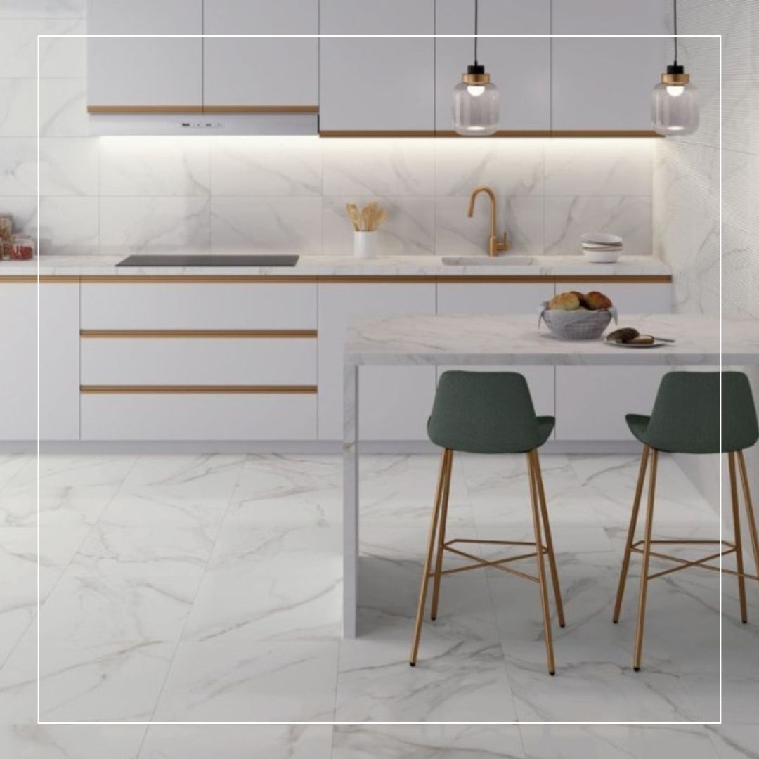 Modern white kitchen with marble effect splashback tiles