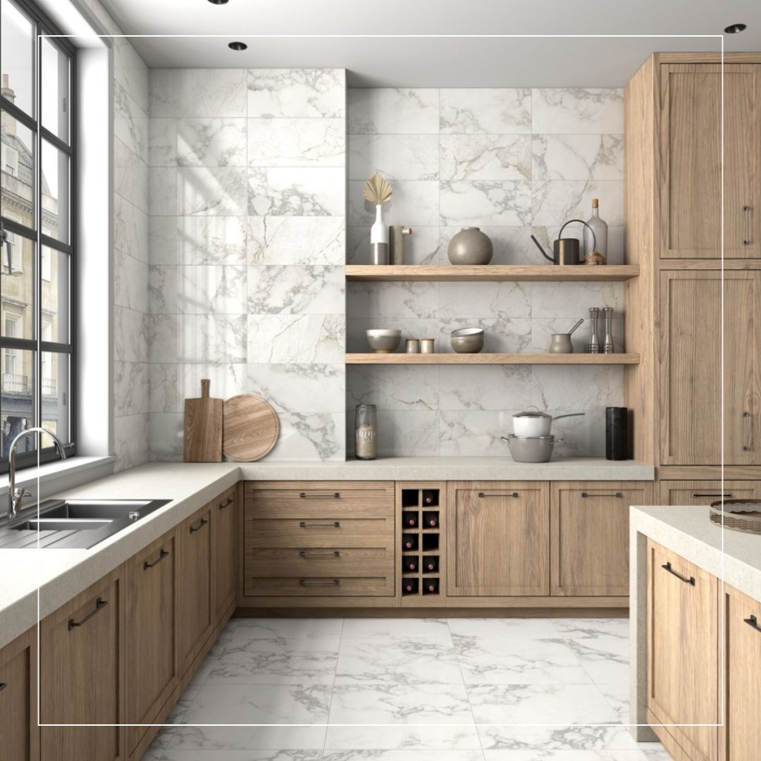 Spacious kitchen with wooden cabinets, marble effect splashback tiles