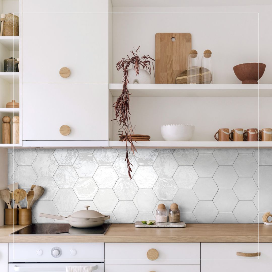 Scandinavian style kitchen with white hexagon splashback tiles