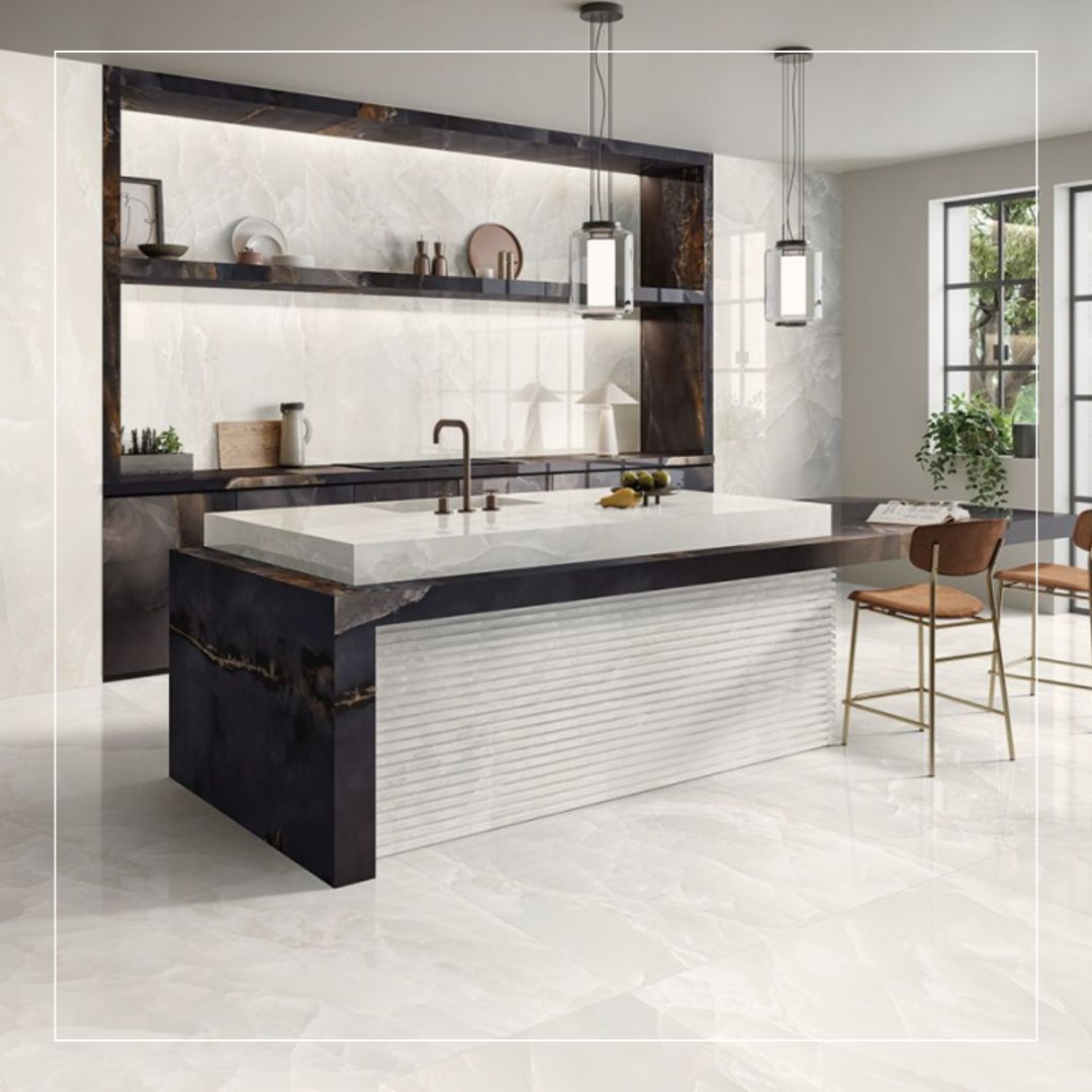 Luxury kitchen with glossy marble effect splashback tiles, dark feature island, and open shelving with accent lighting