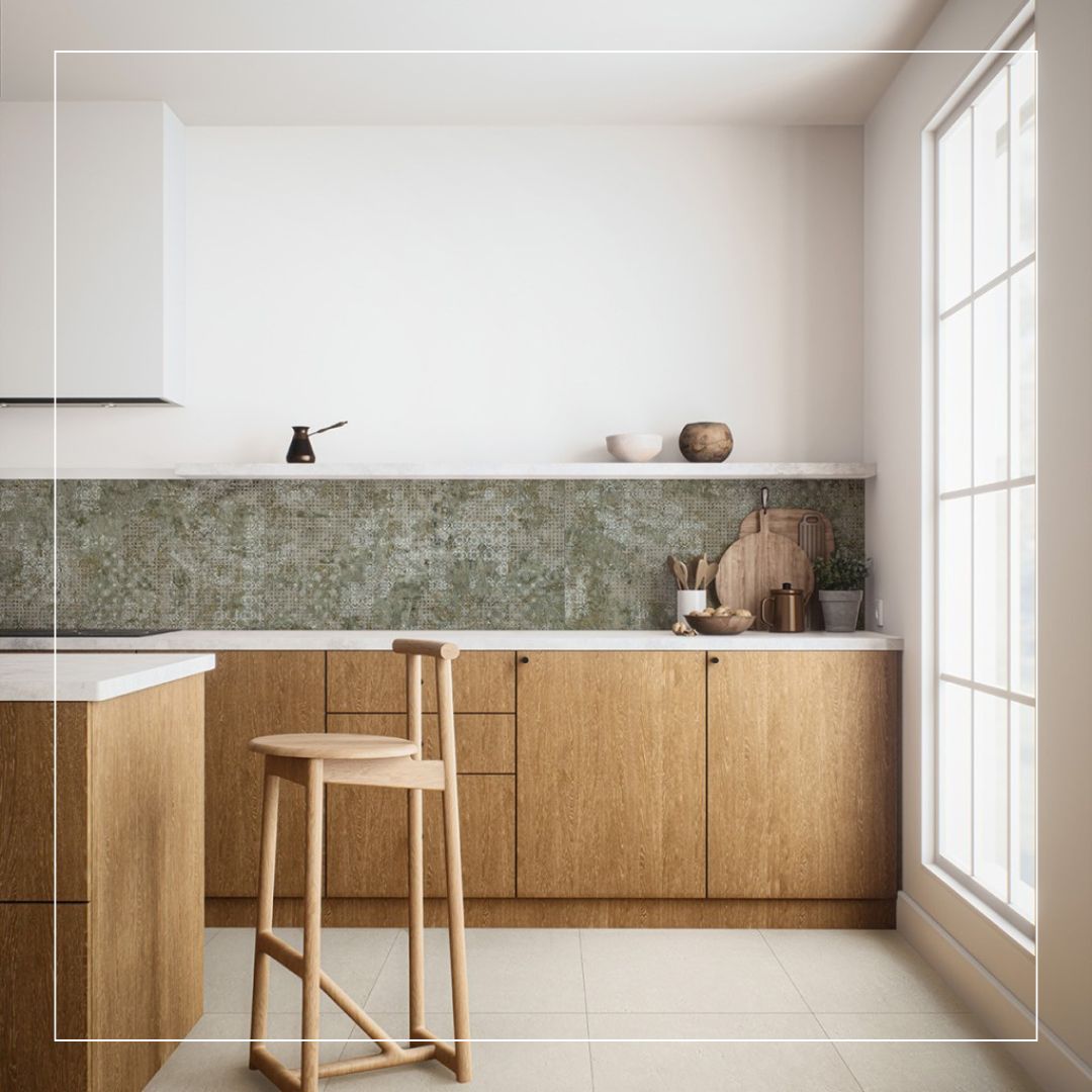 Scandinavian style kitchen with wooden cabinets, green mosaic tile splashback, and minimalist décor