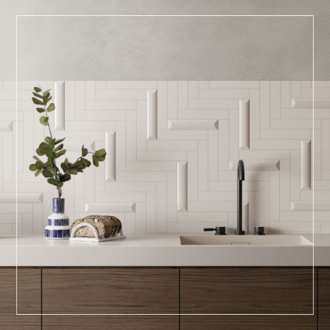 Minimalist kitchen with white textured splashback tiles in geometric pattern