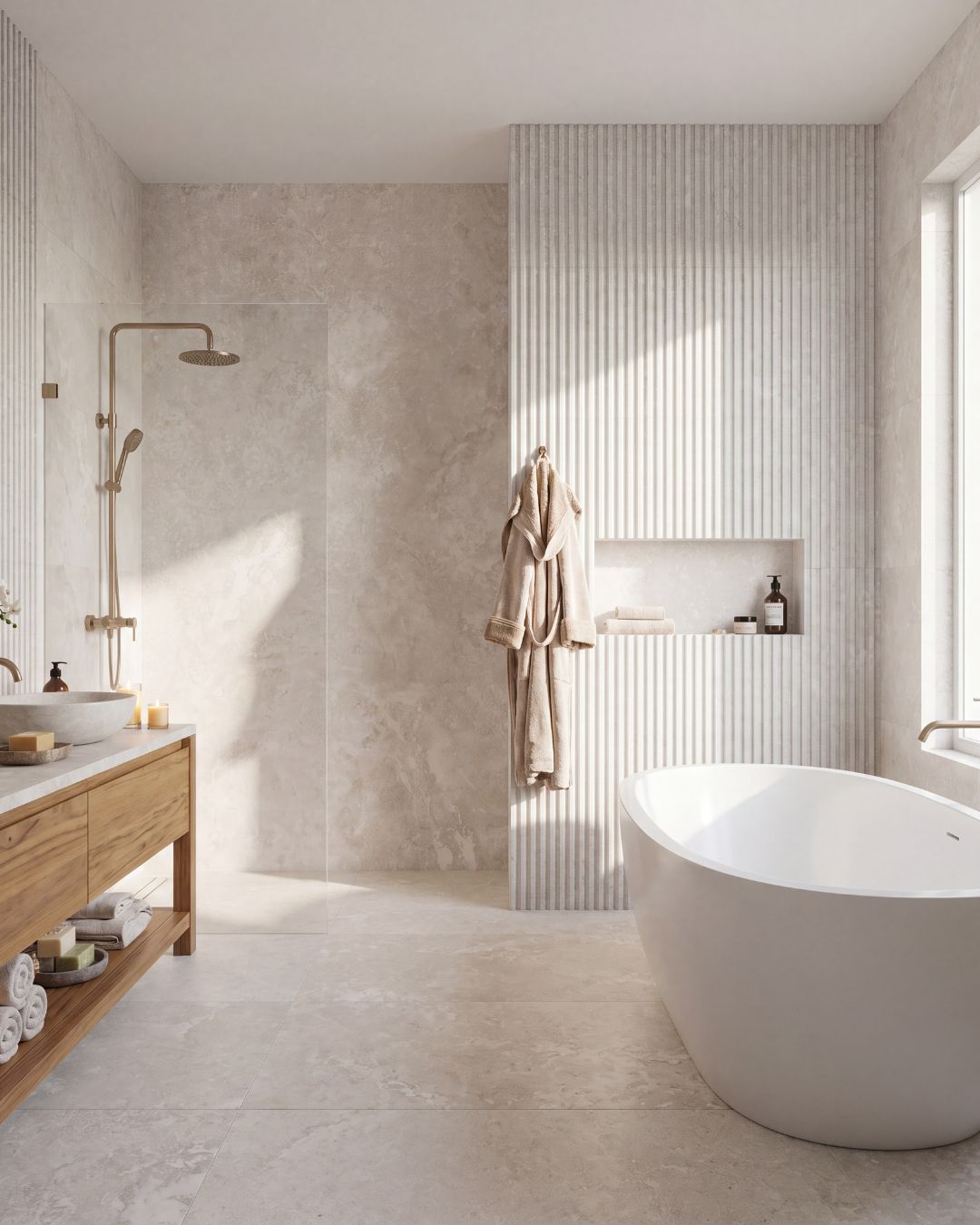 Spa-inspired wet room with large beige stone-effect floor tiles, walk-in shower, fluted feature wall and freestanding white bath.