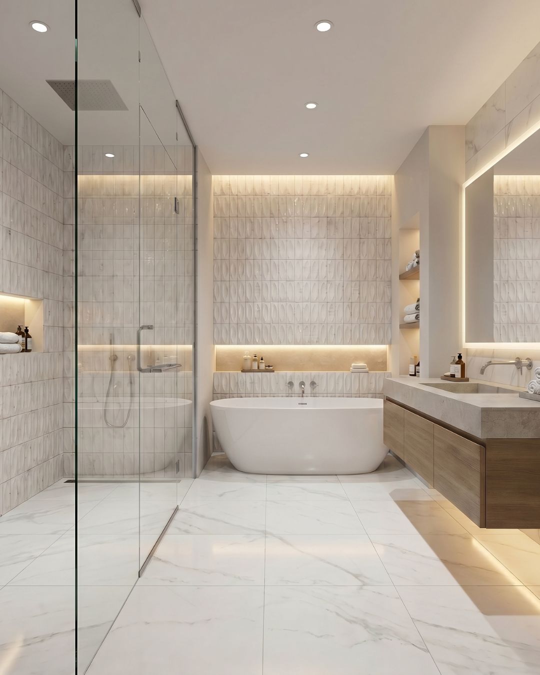Modern wet room bathroom with large white marble-effect floor tiles, walk-in shower, freestanding bath and glass shower screen