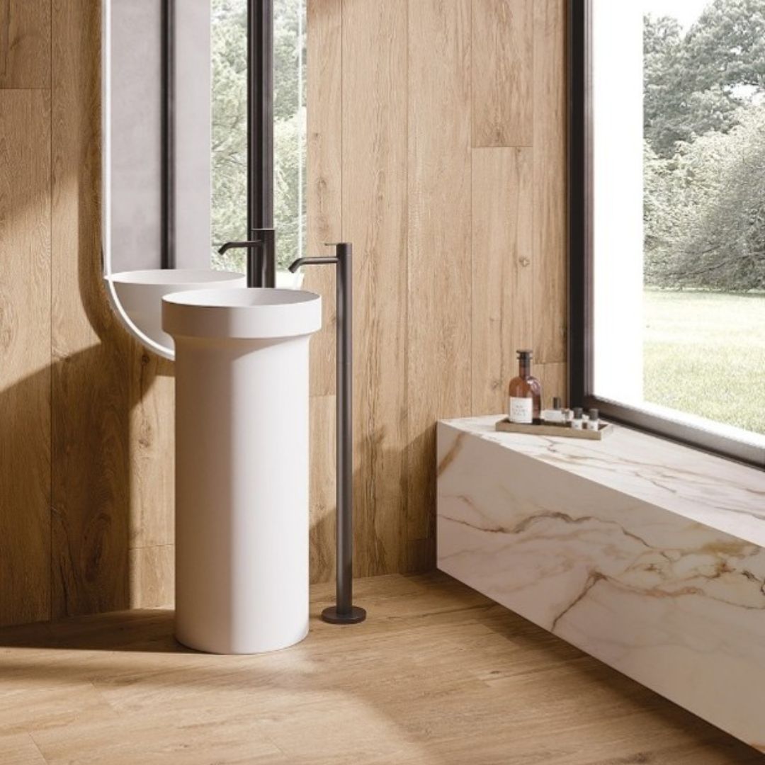 wood effect tiles in bathroom, wall and floor