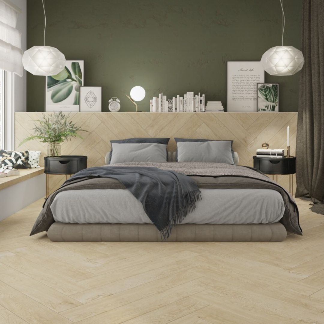 Wood effect tiles in bedroom