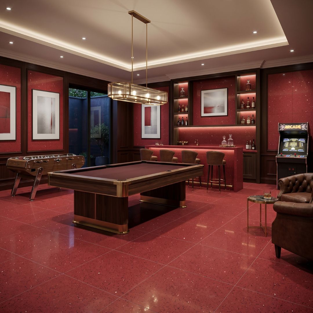 Red quartz stone effect floor tiles in a luxury games room