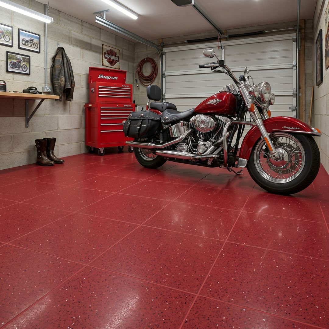 Durable red quartz floor tiles used in a modern garage