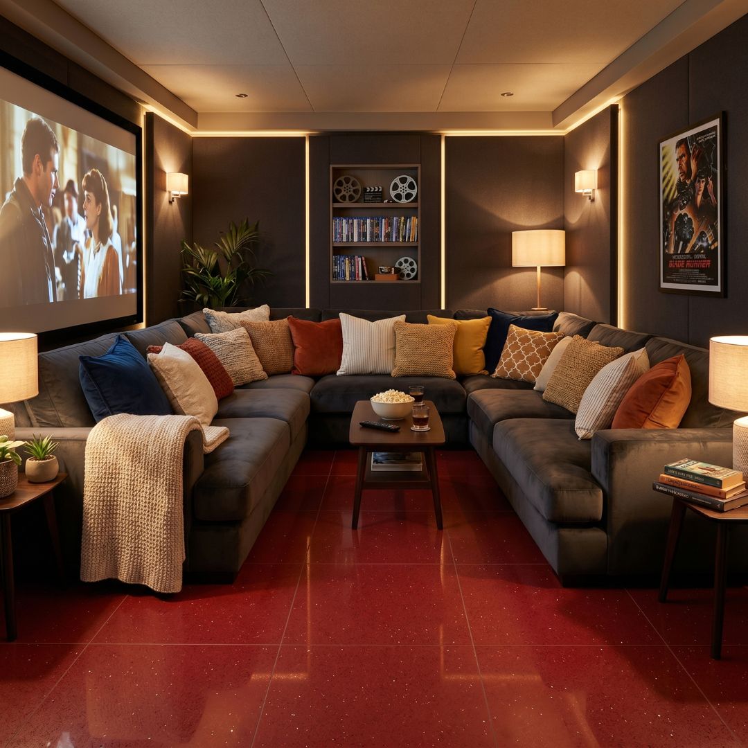 Large red stone effect floor tiles in a luxury home cinema room